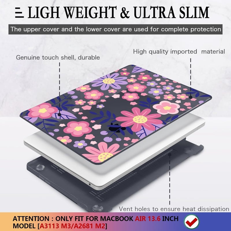 CISSOOK for MacBook Air 13 inch M4 M3 M2 Case 2025 2024 2023 2022, Hard Shell Case Keyboard Skin Screen Protector for MacBook Air 13.6 A3240 A3113 A2681, Stylized Flowers - Image 3